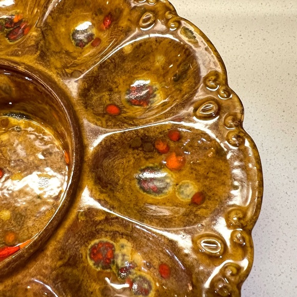 MCM Deviled Egg & Olive Dish Brown Orange Ceramic Dotted Glaze 1970s Holds 12 - Picture 3 of 8